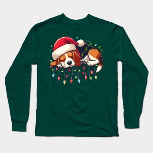 Beagle Dog Sleeping On Christmas Lights Long Sleeve T-Shirt